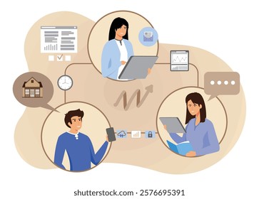 Collaborative remote working team, using connected digital tools and devices to share ideas and information efficiently. Flat vector modern illustration 