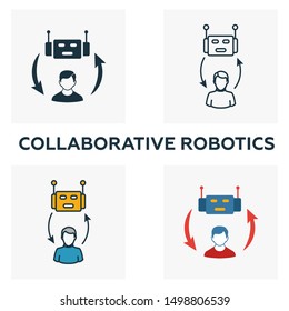 Collaborative Robotics icon set. Four elements in diferent styles from industry 4.0 icons collection. Creative collaborative robotics icons filled, outline, colored and flat symbols.