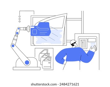 Collaborative robots use abstract concept vector illustration. Robotic arm installing car parts, assembly shop, automotive sector, modern car manufacturing industry abstract metaphor.