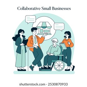 Collaborative Small Business Saturday concept. Local entrepreneurs discuss strategies with inclusivity and community support. Shop local initiative promotion. Vector illustration.