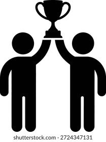 Collaborative success icon showing two figures raising a trophy in unison against a white background.
