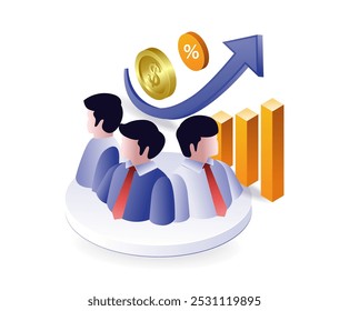 Equipe colaborativa desenvolve conceito de ilustração isométrica plana de negócios