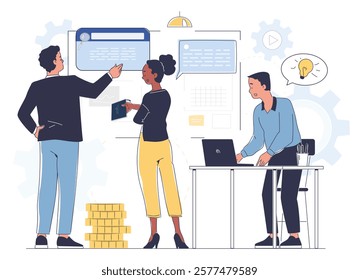 Collaborative team discussing ideas in a workspace, surrounded by charts and gears, with a laptop and a stack of coins. Creative teamwork concept. Flat line art vector illustration