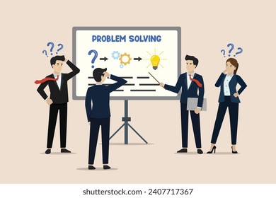Collaborative team discussions to get solution concepts, exchange ideas, look for business solutions, business people discuss to find solutions to problems.
