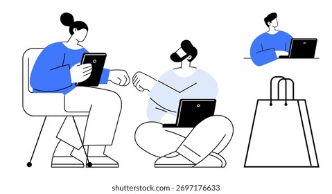Collaborative team working on laptops and tablets, exchanging ideas, sitting on chairs and floor, fist bumping. Ideal for teamwork, remote work, digital collaboration, business meetings, online