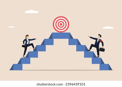 Collaborative teamwork to achieve targets, colleagues or colleagues with the same mission and challenge concept, businessmen and businesswomen climbing the ladder towards the target of success.