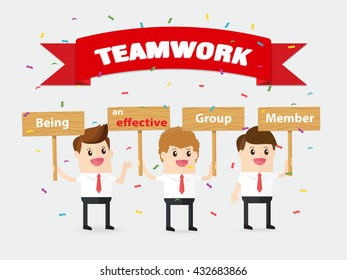 collaborative teamwork of businessman holding up a wooden sign with confetti