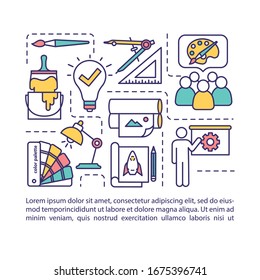 Collaborative teamwork concept icon with text. Working on creative project. Artist community. PPT page vector template. Brochure, magazine, booklet design element with linear illustrations