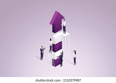 Collaborative teamwork connects the arrow element to a higher level. for the organization to achieve its goals to grow.  isometric vector illustration.