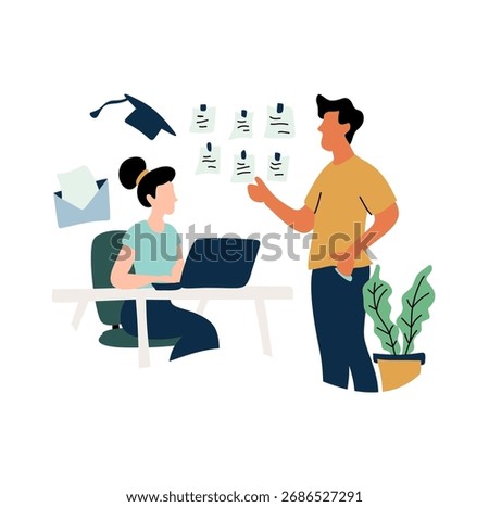 Collaborative Teamwork: Woman on Laptop, Man Presenting Ideas