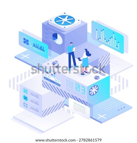 Collaborative technology platform with isometric server module, active charts and business users, illustrating data management, teamwork, system monitoring and digital operations.