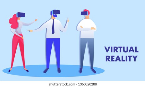 Collaborative Virtual Reality Vector Illustration. Men and Woman in Eyewear Cartoon Characters. People Wearing VR Headsets. Business Lounge Zone. Recreation Innovation Banner with Typography