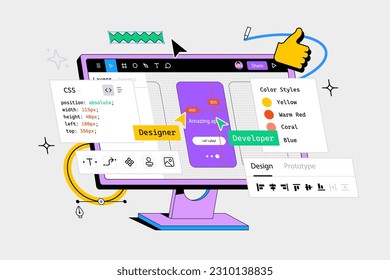 Collaborative Web Application for Interface Design. Program for Ui and Ux designers. Dashboard Colorful concept in neo brutalism style. 3d isometric vector illustration