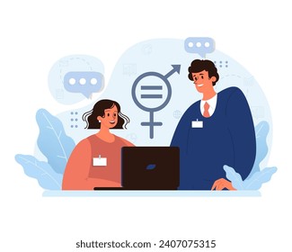 Collaborative workplace environment. Female employee with laptop engaging in discussion with male colleague, highlighting gender equality and teamwork spirit in a progressive office setting