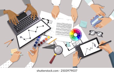 Collaborative workspace with diverse hands working on creative projects. Vector illustration