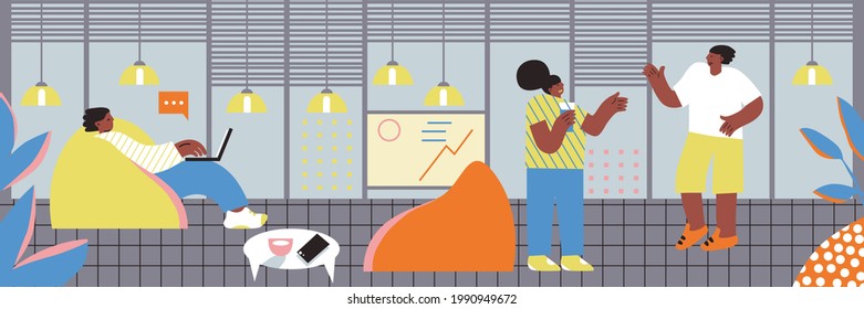Collaborative workspace illustration. Young people working on laptops and computers in shared modern office workplaces. Vector flat style. Web page template or landing page template.
