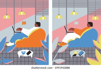Collaborative workspace illustration. Young people working on laptops and computers in shared modern office workplaces. Vector flat style. Web page template or landing page template.