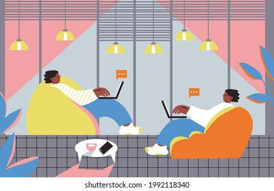 Collaborative workspace illustration. Young people working on laptops and computers in shared modern office workplaces. Vector flat style. Web page template or landing page template.