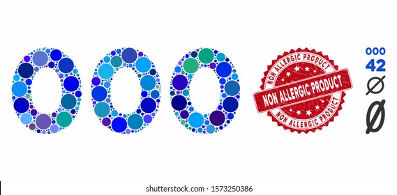 Collage 000 digits text icon and grunge stamp watermark with Non Allergic Product text. Mosaic vector is composed with 000 digits text icon and with random spheric items.