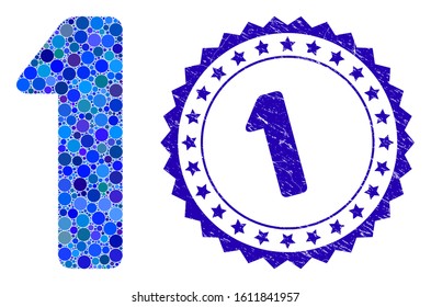 Collage 1 digit icon and grunge stamp seal with 1 caption. Mosaic vector is formed with 1 digit icon and with random circle items. 1 stamp seal uses blue color, and distress design.