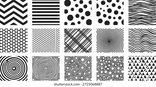 Uma colagem de 12 diferentes padrões e texturas em preto e branco, incluindo listras, bolinhas, ziguezags e muito mais, com silhueta