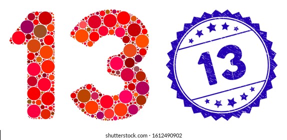 Collage 13 number text icon and grunge stamp watermark with 13 phrase. Mosaic vector is formed with 13 number text icon and with random circle spots. 13 stamp uses blue color, and grunged texture.
