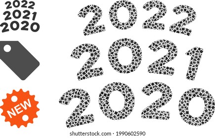 Collage 2020 - 2021 icono de textos arcos unidos desde puntos con baches en diferentes tamaños, posiciones y proporciones. Los elementos de bombeo vectorial se unen en el icono de textos de arco del mosaico abstracto 2020-2021.