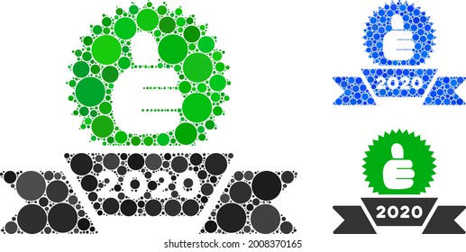 Collage 2020 award ribbon icon composed of round elements in random sizes, positions and proportions. Blue and original versions of 2020 award ribbon icon.