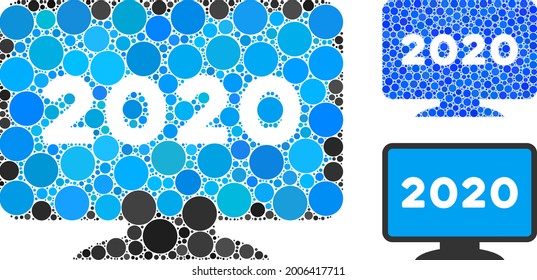 Collage 2020 display screen icon composed of round elements in random sizes, positions and proportions. Blue and original versions of 2020 display screen icon.