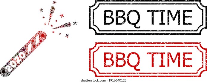 Collage 2020 firecracker designed from covid-2019 items, and grunge BBQ Time rectangle seal stamps with notches.