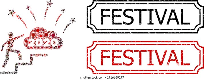 Collage 2020 Feuerwerk Cloud Stufen organisiert von Grippevirus-Icons und Grunge Festival Rechteck Siegel mit Kerben.