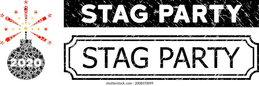 Collage 2020 fireworks detonator composed of rectangular elements, and black grunge Stag Party rectangle stamp with notches.