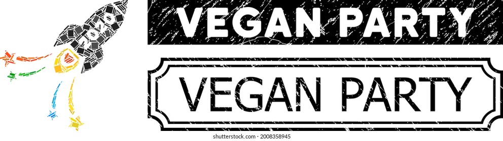 Cohetes de fuegos artificiales del Collage 2020 unidos de partes rectangulares, y sello de sello de sello rectangular del Partido Vegan negro con muescas.