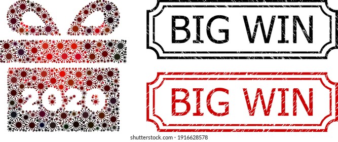 Collage 2020 gift united from SARS virus elements, and grunge Big Win rectangle stamps with notches. Vector pathogen icons are united into abstract mosaic 2020 gift icon with red - black gradient.
