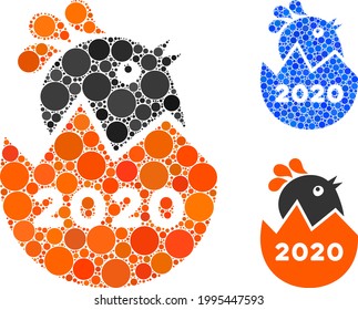 Collage 2020 Luke Chick Symbol, konstruiert aus Kreiselementen in unterschiedlichen Größen, Positionen und Proportionen. Blau und Originalversion von 2020 Luch Chick Icon.