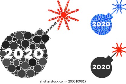 Collage 2020 petard icon designed from round elements in various sizes, positions and proportions. Blue and original versions of 2020 petard icon.