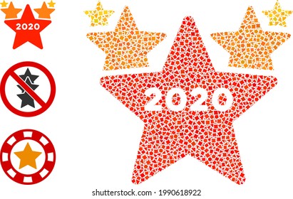 Collage 2020 stars hit parade icon composed of rugged elements in various sizes, positions and proportions. Vector rugged elements are united into abstract collage 2020 stars hit parade icon.