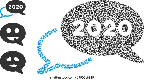 Collage 2020 webinar icon united from inequal spots in various sizes, positions and proportions. Vector joggly spots are united into abstract mosaic 2020 webinar icon.