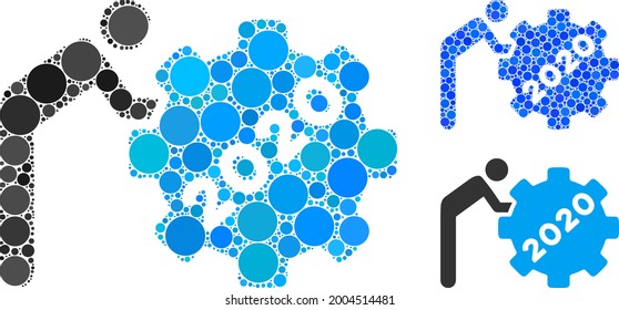 Collage 2020 worker rolling gear icon organized from round items in different sizes, positions and proportions. Blue and original versions of 2020 worker rolling gear icon.