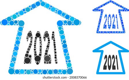 Icono de flecha hacia adelante Collage 2021 organizado a partir de elementos esféricos en tamaños, posiciones y proporciones aleatorias. Versiones azul y original del icono de flecha hacia delante de 2021.