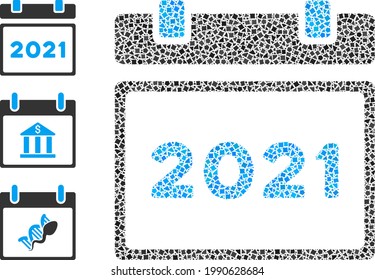 Collage 2021 Kalendersymbol bestehend aus groben Elementen in verschiedenen Größen, Positionen und Proportionen. Vektor-Rohelemente sind in abstraktes Mosaik 2021 Kalendersymbol gruppiert.