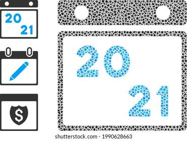 Collage 2021 calendar icon constructed from trembly elements in random sizes, positions and proportions. Vector ragged elements are grouped into abstract mosaic 2021 calendar icon.