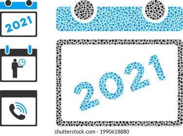 Collage 2021 calendar leaf icon organized from tuberous pieces in variable sizes, positions and proportions. Vector tuberous parts are composed into abstract collage 2021 calendar leaf icon.