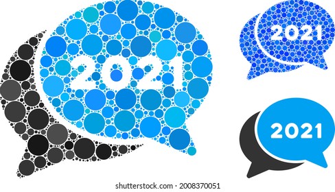 Icono de mensajes de chat Collage 2021 diseñado a partir de elementos esféricos en tamaños, posiciones y proporciones aleatorias. Versión azul y original del icono de mensajes de chat de 2021.