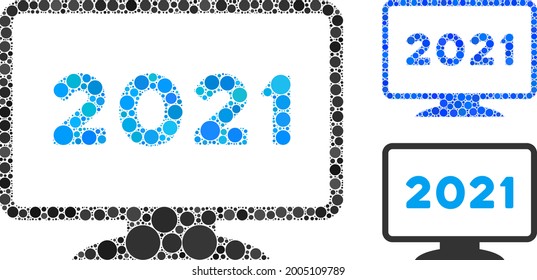 Collage 2021 display icon composed of spheric elements in random sizes, positions and proportions. Blue and original versions of 2021 display icon.
