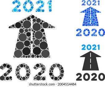 Collage 2021 future road icon organized from round elements in variable sizes, positions and proportions. Blue and original versions of 2021 future road icon.