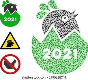 Collage 2021 hatch chick icon united from raggy spots in variable sizes, positions and proportions. Vector raggy dots are grouped into abstract collage 2021 hatch chick icon.