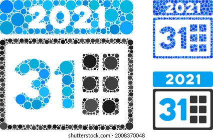 Collage 2021 last day icon composed of circle items in different sizes, positions and proportions. Blue and original versions of 2021 last day icon.