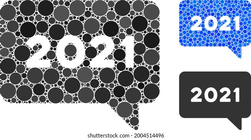 Icono de mensaje Collage 2021 compuesto por elementos de círculo en diferentes tamaños, posiciones y proporciones. Versión azul y original del icono de mensaje 2021.