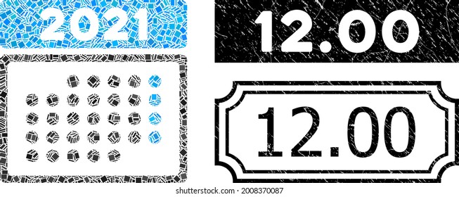 Collage 2021 month calendar united from rectangular items, and black grunge 12.00 rectangle stamp with notches. Vector rectangle items are organized into abstract composition 2021 month calendar icon.